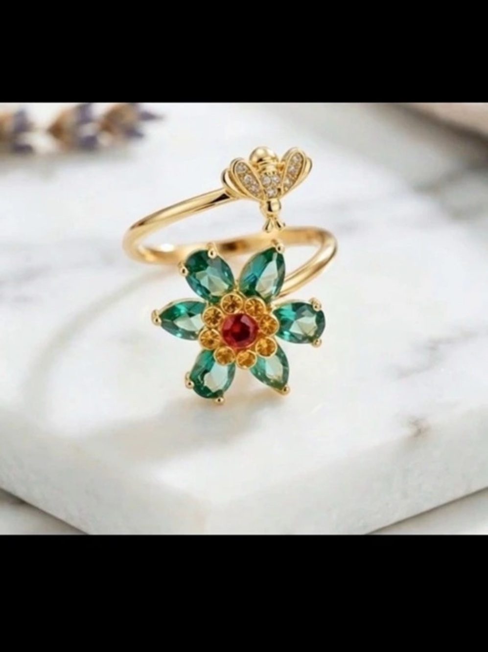 Swarovski elements Flower Ring adjustable size 7-9 #534 3D floral collection